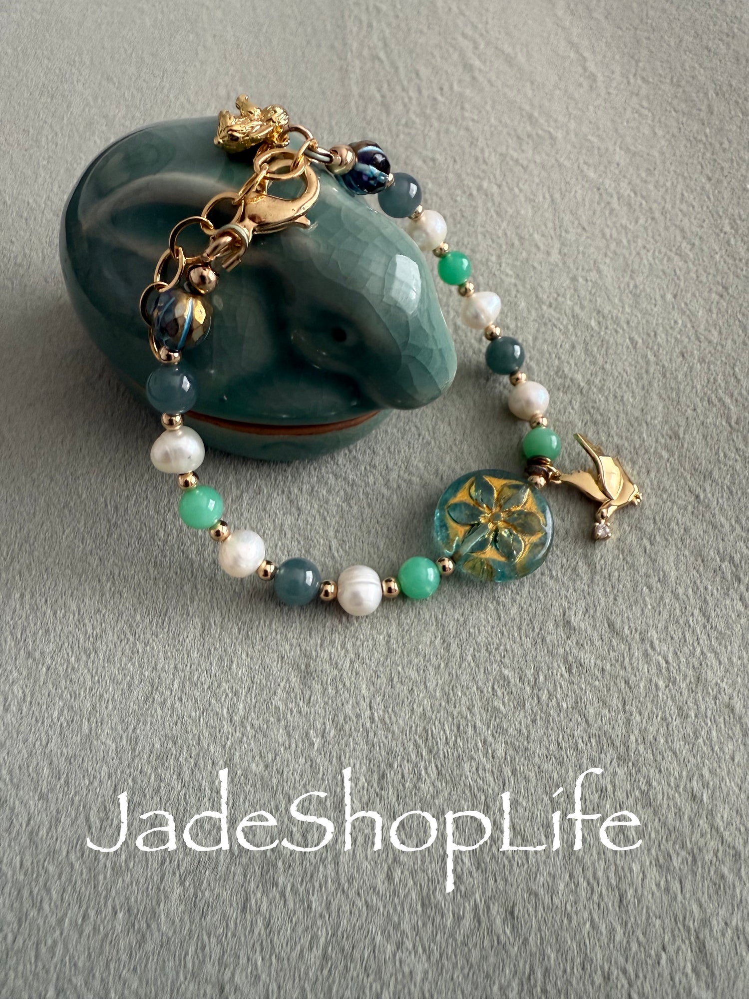 Jade, Pearl, Chrysoprase, Gold Filled Bead Charm Bracelet image 0